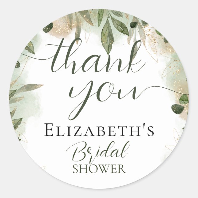 Greenery Green Gold Script Calligraphy Thank you Classic Round Sticker (Front)