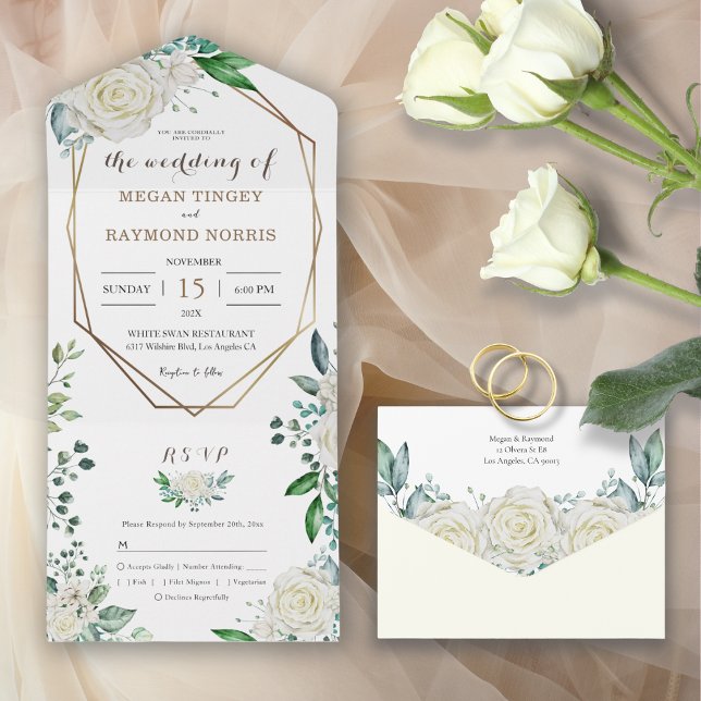 Greenery Green Ivory & White Roses Gold Frame  All In One Invitation (Creator Uploaded)