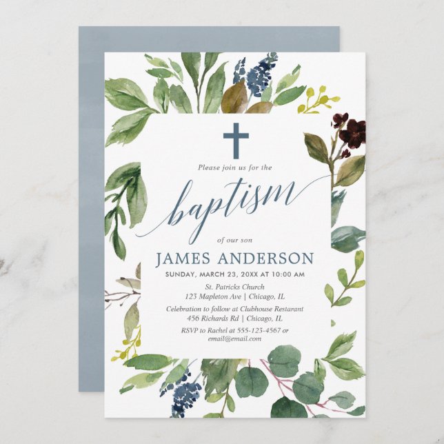 Greenery green leaves dusty blue boy baptism invitation (Front/Back)