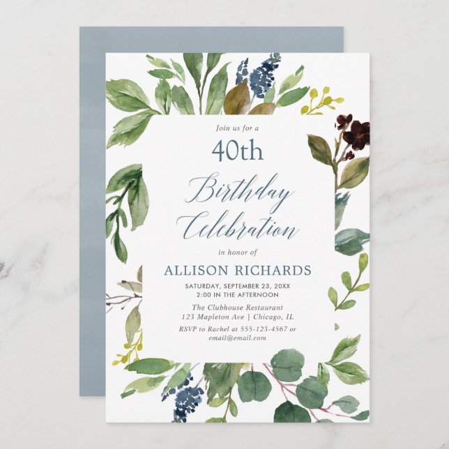 Greenery green leaves dusty blue floral birthday invitation (Front/Back)