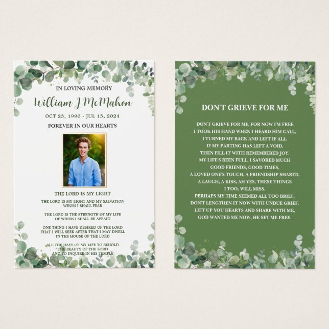 Greenery Green Photo Funeral Memorial Bookmark (Front & Back)