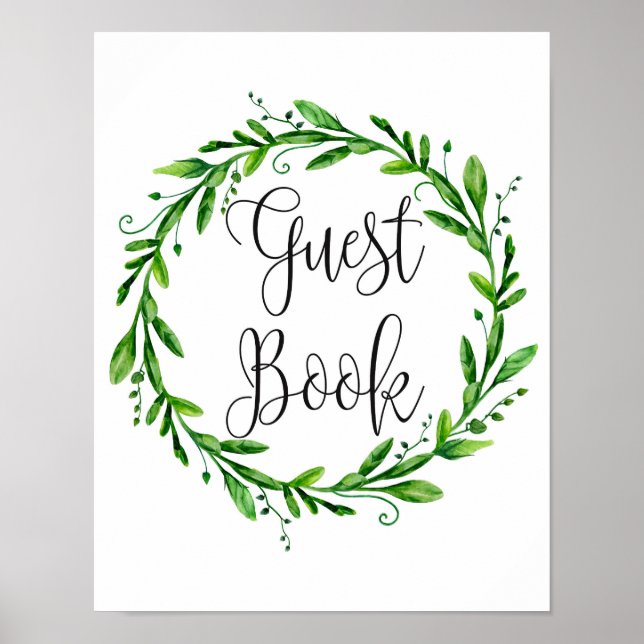 Greenery guest book sign. Watercolor green wedding (Front)