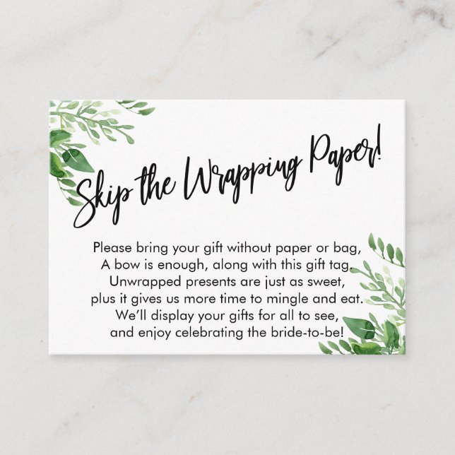 Greenery Handwriting Skip the Wrapping Paper! Enclosure Card (Front)