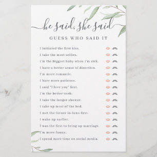 Greenery He said She said bridal shower game