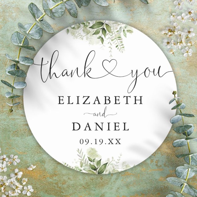 Greenery Heart Script Thank You Wedding Favour Classic Round Sticker (Greenery Heart Script Thank You Wedding Favor Classic Round Sticker)