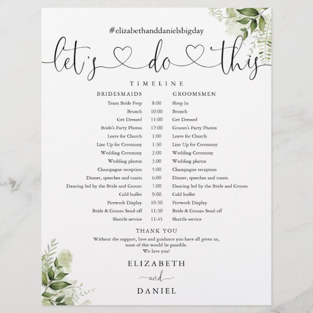 Greenery Heart Script Wedding Schedule Timeline (Front)