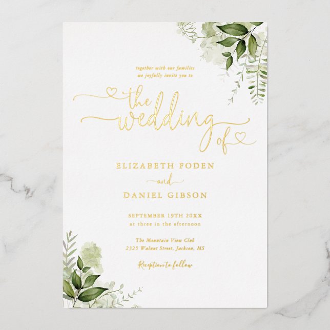 Greenery Hearts Script Calligraphy Wedding Gold (Front)