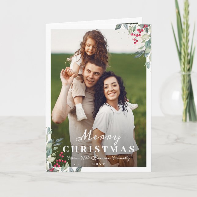 Greenery Holly Berries 2 Photo Merry Christmas Holiday Card (Front)