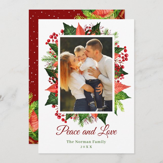 Greenery Holly Berries Peace and Love Photo Holiday Card (Front/Back)