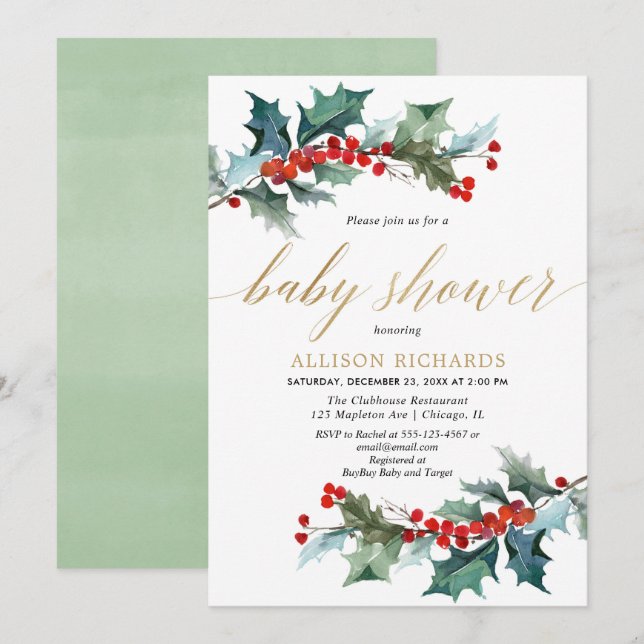Greenery holly red gold gender neutral baby shower invitation (Front/Back)