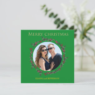Greenery Holly Wreath that encloses your photo Holiday Card