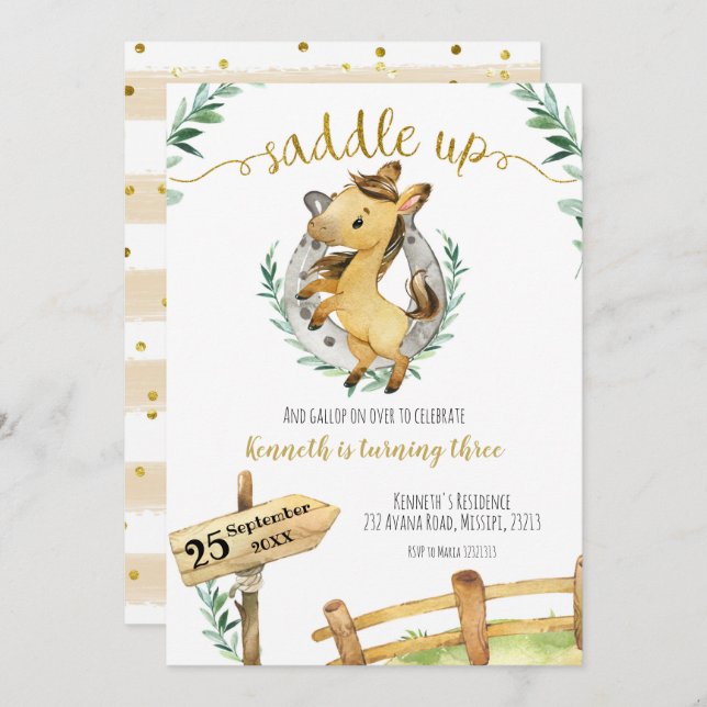 Greenery Horse Saddle Up Birthday Invitation (Front/Back)