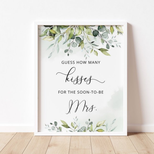 Greenery how many kisses bridal shower game poster (Creator Uploaded)