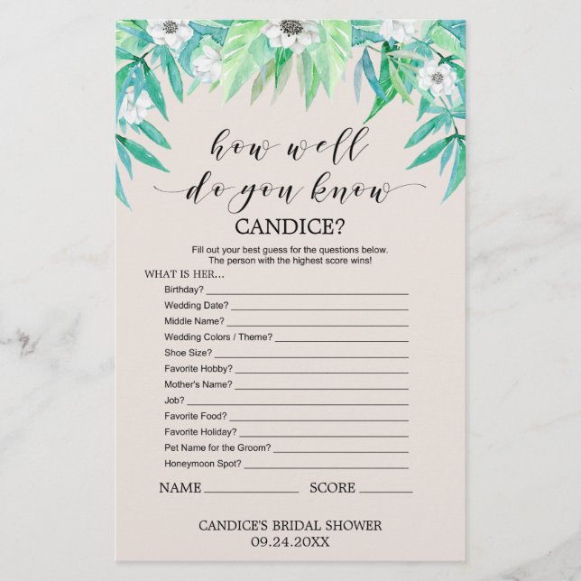 Greenery "How Well Do You Know The Bride" Game (Front)