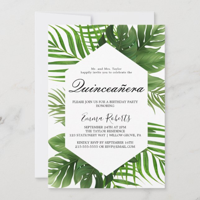 Greenery Hunter Green Quinceañera  Invitation (Front)
