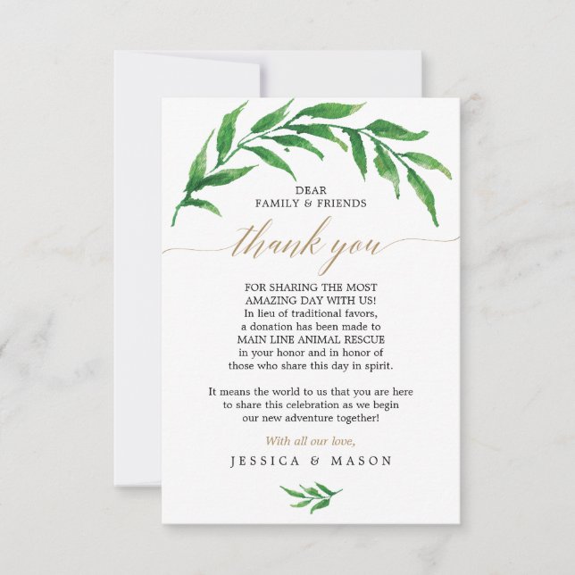 Greenery In Lieu of Favours Thank You Place Card (Front)