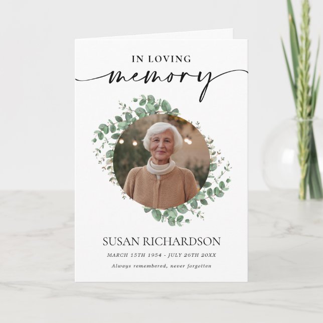 Greenery In Loving Memory Funeral Memorial Program Card (Front)