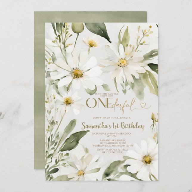 Greenery Isn't She Onederful 1st Birthday Flowers Invitation (Front/Back)