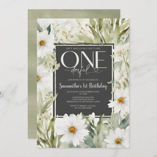 Greenery Isn't She Onederful 1st Birthday Flowers Invitation (Front/Back)