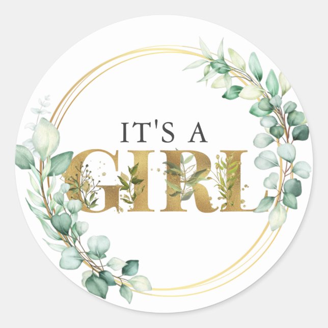 Greenery Its a Girl Gold Eucalyptus Baby Shower Classic Round Sticker (Front)