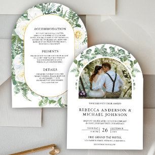 Greenery Ivory Floral All in One Arch Wedding Invitation