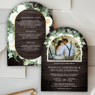 Greenery Ivory Floral All in One Wood Arch Wedding Invitation