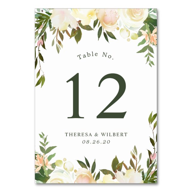 Greenery Ivory Floral Wedding Table Number (Front)