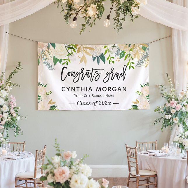 Greenery Ivory Gold Floral Graduate Graduation Banner (Creator Uploaded)