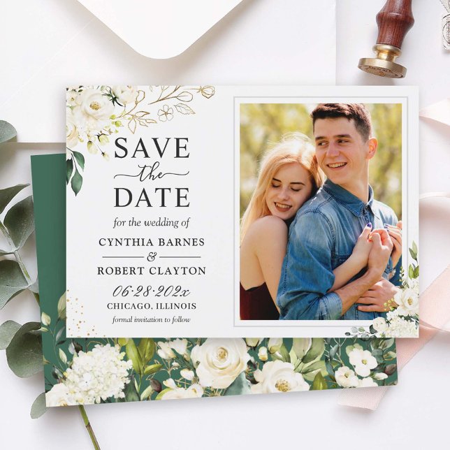 Greenery Ivory White Gold Elegant Floral Photo Save The Date (Creator Uploaded)