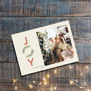 Greenery Joy Christmas Wreath Botanical Photo Holiday Card