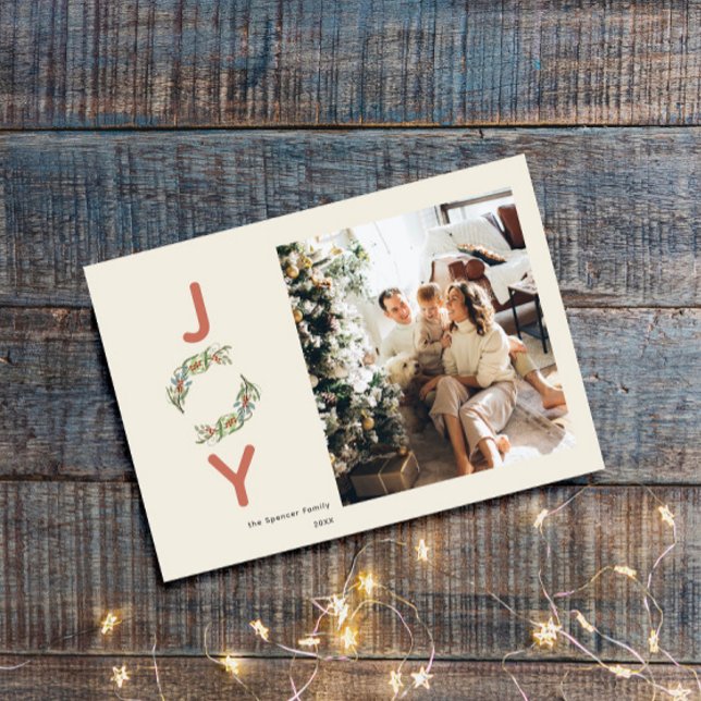 Greenery Joy Christmas Wreath Botanical Photo Holiday Card (Creator Uploaded)