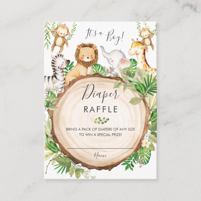 Greenery Jungle Animals Baby Shower Diaper Raffle Enclosure Card (Front)