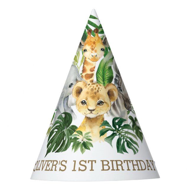 Greenery Jungle Animals Safari 1st Birthday Cone Party Hat (Front)