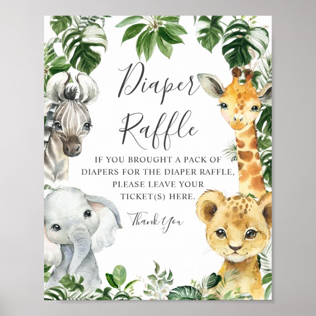 Greenery Jungle Safari Animals Diaper Raffle Sign (Front)