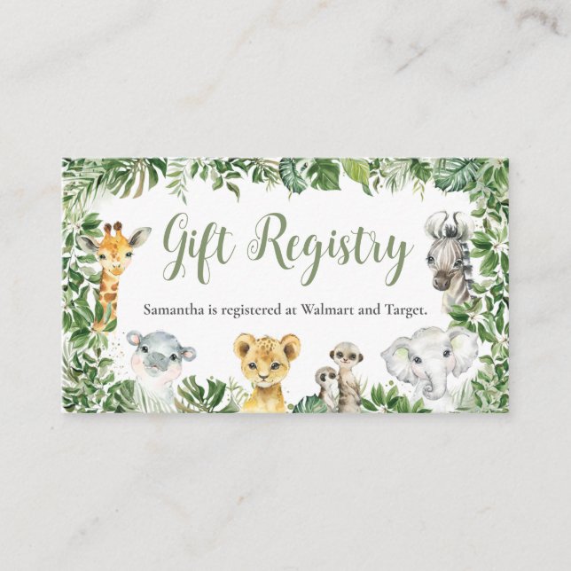 Greenery Jungle Safari Animals Gift Registry Enclosure Card (Front)