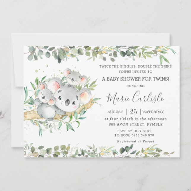 Greenery Koala Twins Gender Neutral Baby Shower  Invitation (Front)