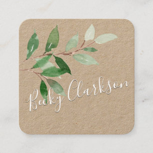 Greenery Kraft Paper Pretty Script Square Business Card