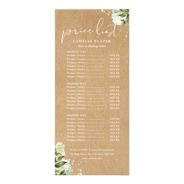 Greenery Kraft Salon Service Menu Price List (Front)