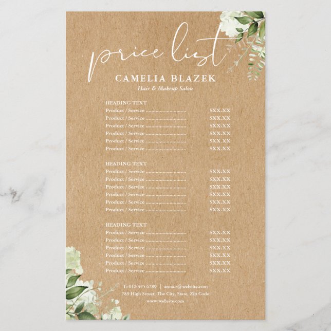 Greenery Kraft Salon Service Menu Price List (Front)