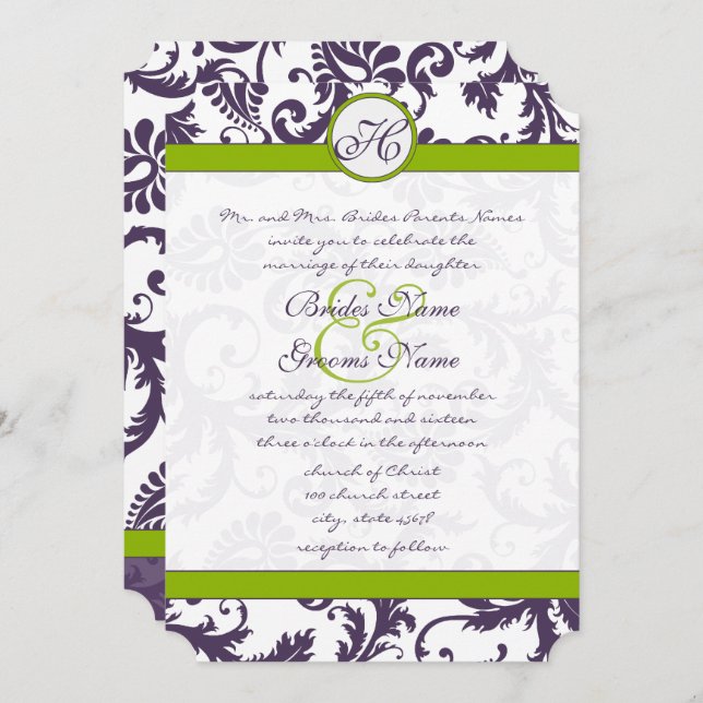Greenery Lapis Purple Damask Wedding Invitation (Front/Back)
