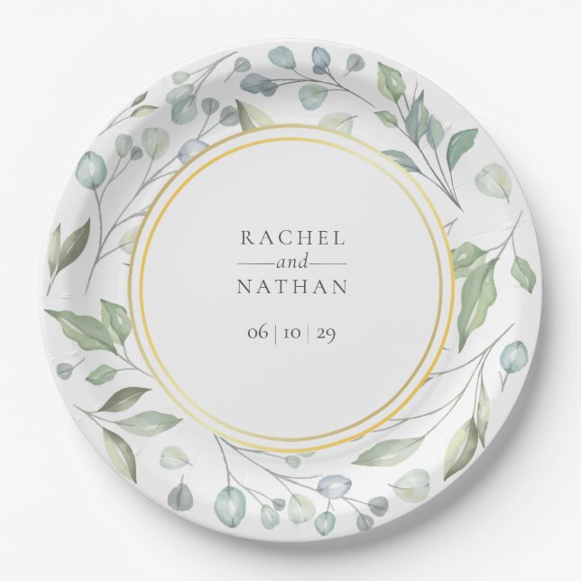 Greenery Laurel Garland Faux Gold Foil Wedding Paper Plate (Front)