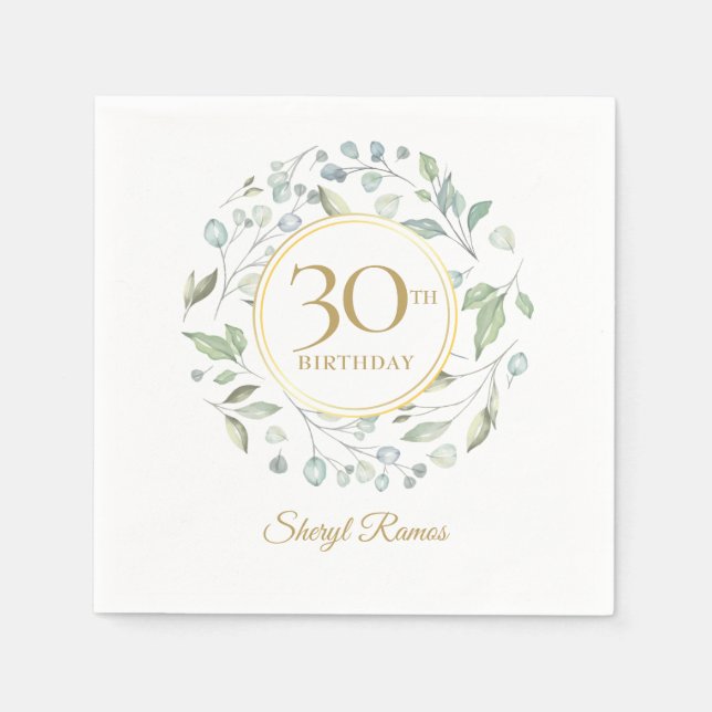 Greenery Laurel Garland Gold 30th Birthday Napkin (Front)