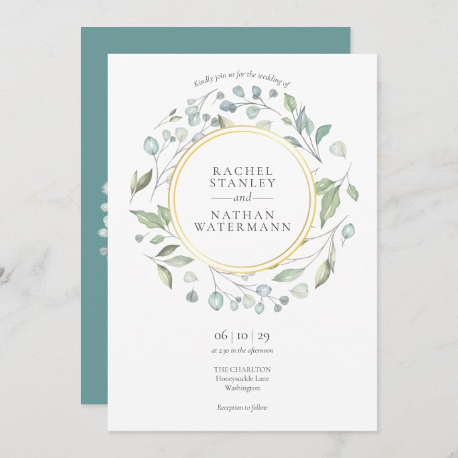 Greenery Laurel Garland Gold Geometric Wedding Invitation (Front/Back)