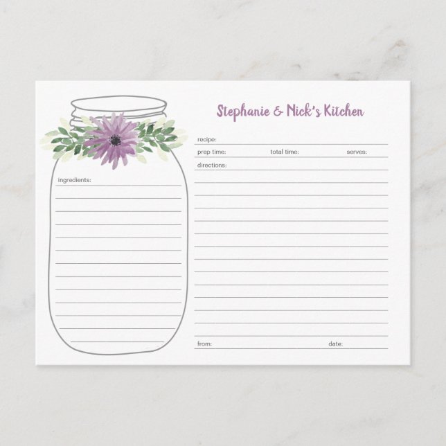 Greenery lavender Floral Mason Jar Recipe Cards (Front)
