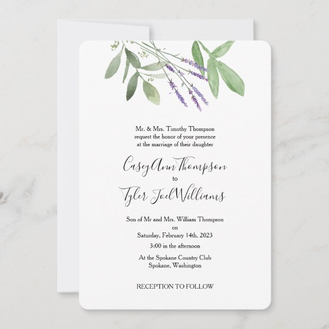 Greenery & Lavender Watercolor Wedding Invitation (Front)