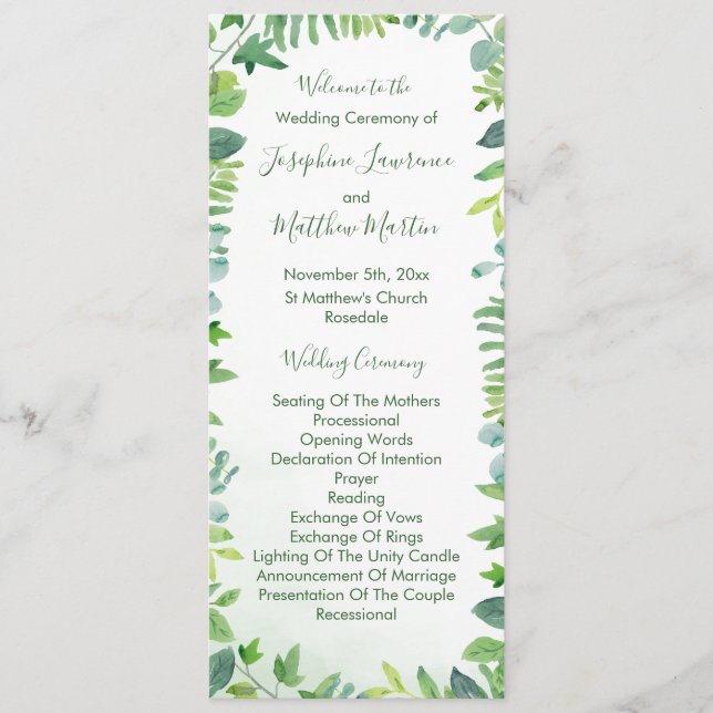 Greenery Leaf Foliage Watercolor Wedding Programs Programme (Front)