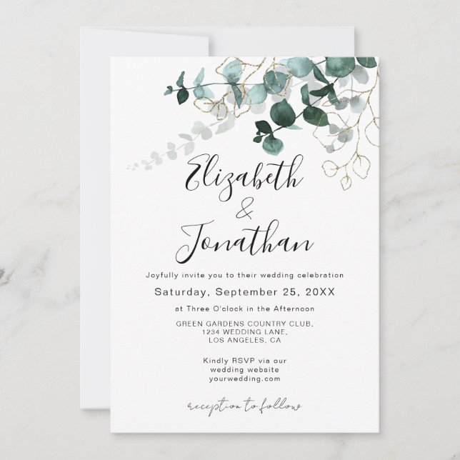 Greenery Leaf Gold Drawing Emerald Foliage Wedding Invitation (Front)