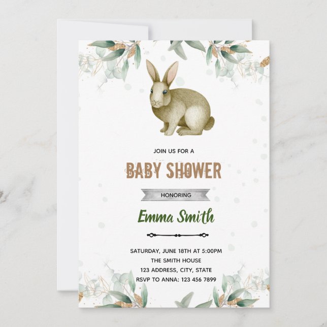 Greenery leaf rabbit bunny invitation (Front)