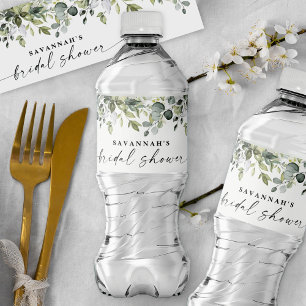 Greenery Leafy Branch Modern Script Bridal Shower Water Bottle Label