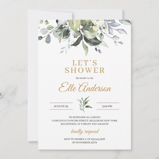 Greenery leaves and gold boho bridal shower invitation (Front)